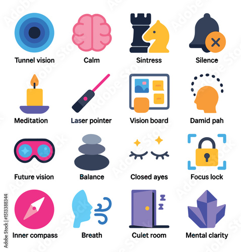 Mindfulness and relaxation icon collection in flat style. meditation, calmness, focus