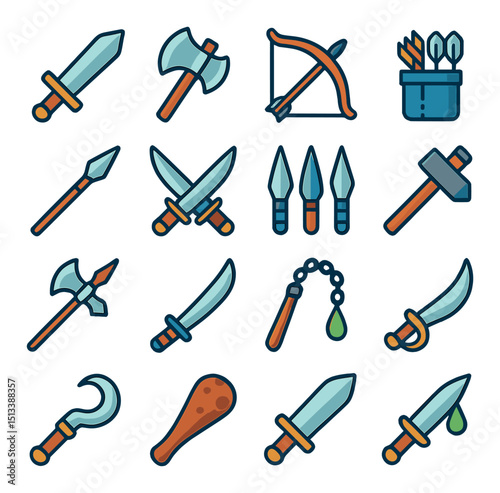 Medieval weapons flat icon collection. historic warfare and armory set
