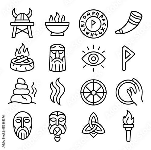Norse mythology linear icon collection. ancient symbols and cultural icon set