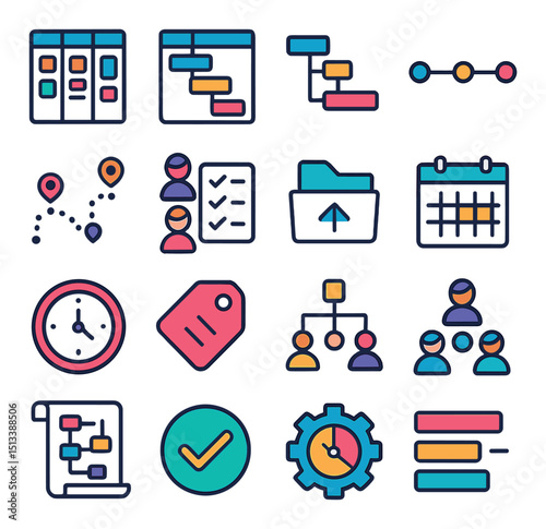 Business management flat icon collection. productivity, efficiency, workflow symbols.