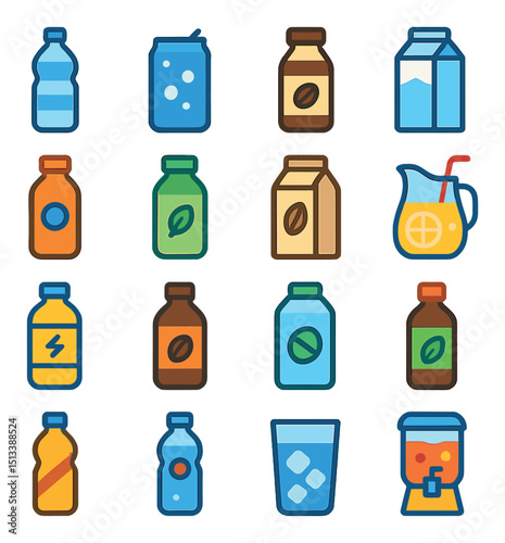 Beverage and drink flat icon collection. refreshment and liquid essentials set