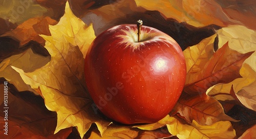 Red Apple on Fall Leaves Painting Still Life