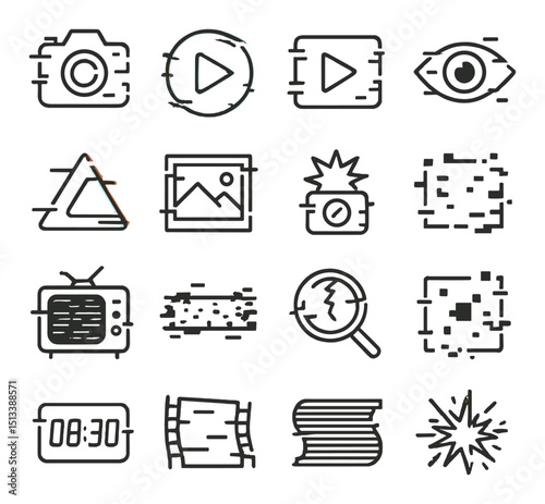 Media icon collection: linear style symbols for video, audio, and photography files