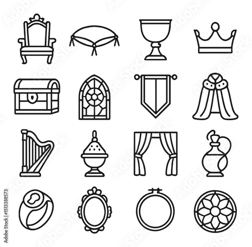 Medieval and renaissance linear icon collection. historic and antique symbol set