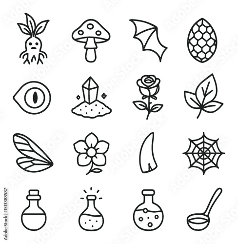 Fantasy and magic icon collection in linear style. mythical and mystical symbols set