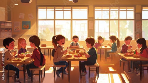 A group of cheerful small school kids in canteen, eating lunch. illustration , no logos, no brands