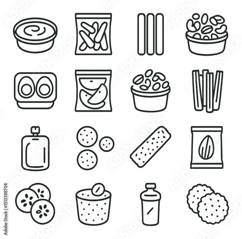Snack food icon collection in linear style. chips, dips, and finger foods set