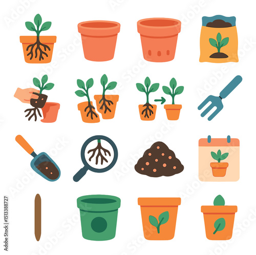 Gardening flat icon collection. plant care, cultivation, and horticulture essentials