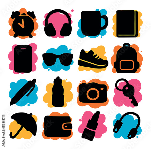 Everyday essentials icon collection in silhouette style. daily use and convenience set