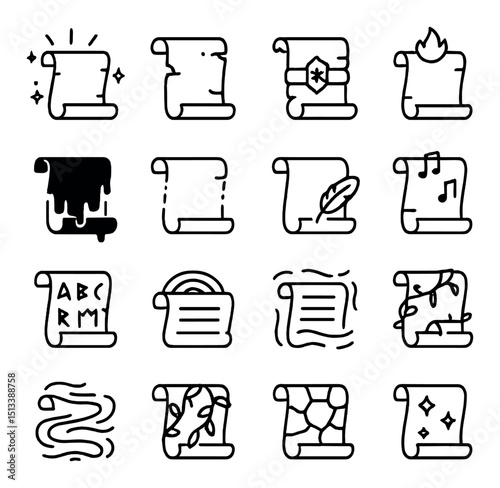 Scroll and parchment linear icon collection. ancient document and manuscript symbols