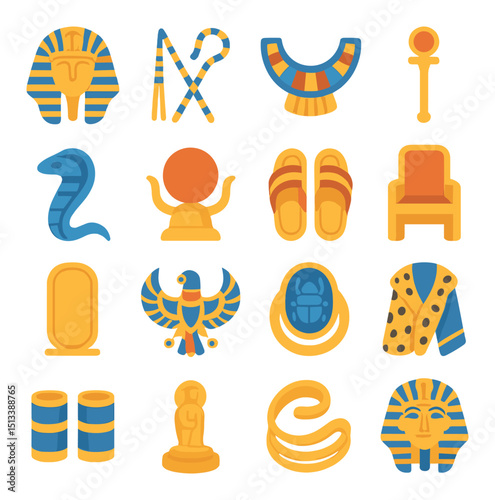 Ancient egypt flat icon collection. pharaoh, pyramids, and hieroglyphs set