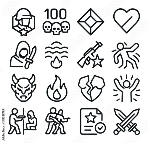 Military and tactical flat icon collection. army, combat, and warfare symbols set