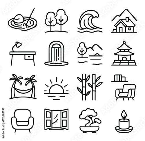 Nature and relaxation linear icon collection: minimal, elegant, and peaceful designs
