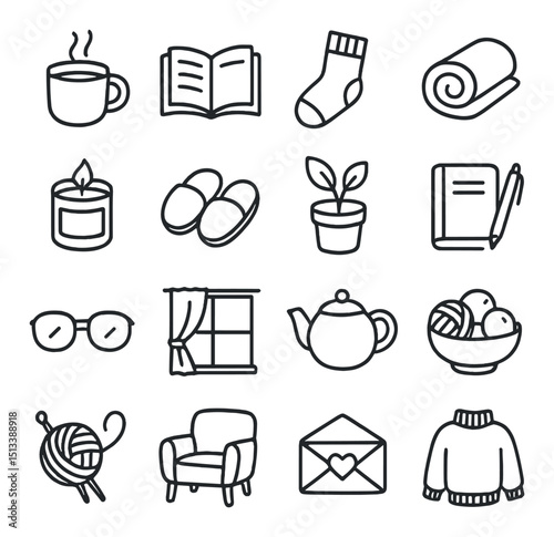 Home and lifestyle icon collection in linear style. cozy and domestic design set