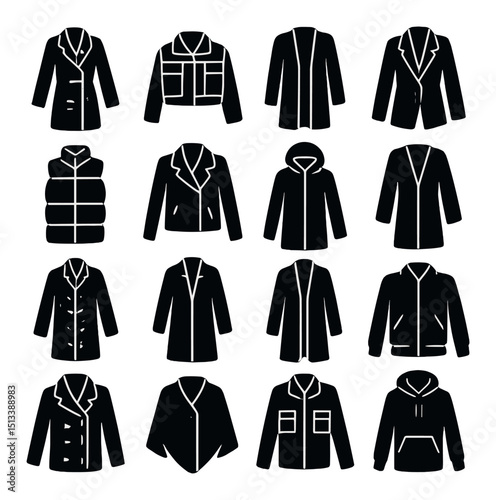 Outerwear icon collection in silhouette style. jackets, coats, and hoodies set