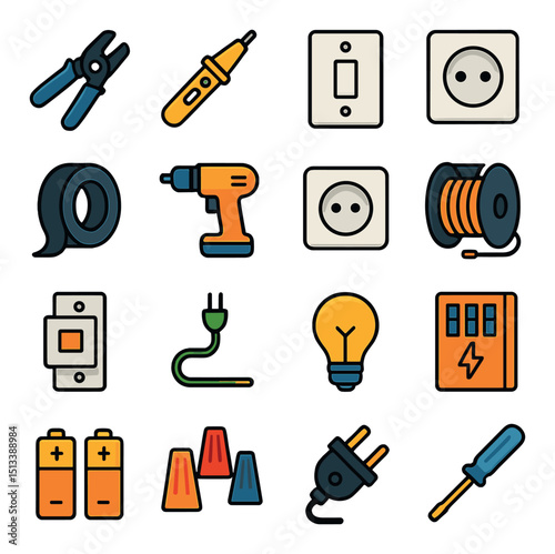 Electrical tools and device icon collection in flat style. equipment and utility symbols