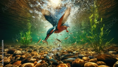 Kingfisher dives and catching the fish, beak piercing clear river. Splash layers, sunlit water sparkles. Fish swim under flickering ripples, over greeny rocks and weeds.
