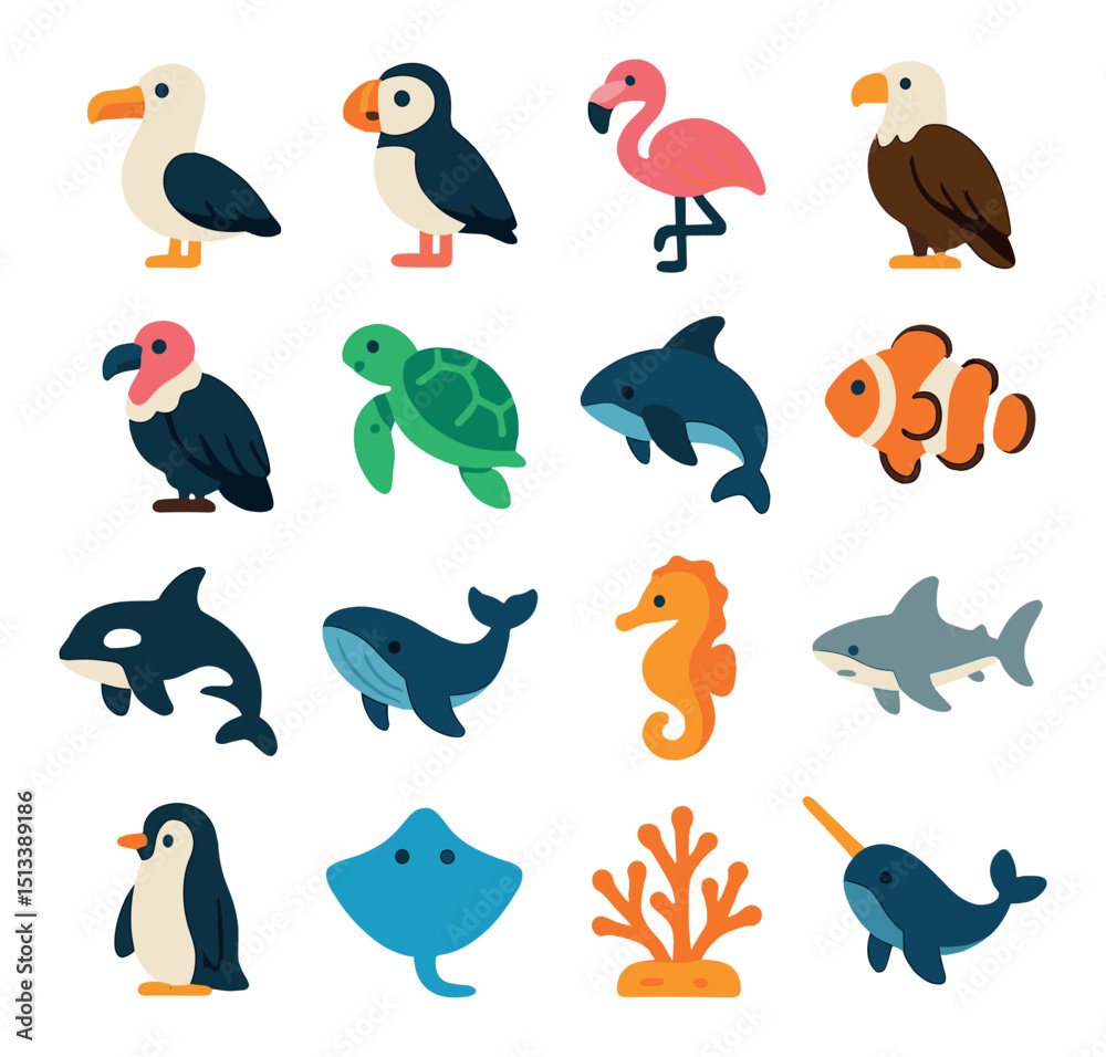 Naklejka premium Marine animal flat icon collection. ocean, sea life, and aquatic creatures set