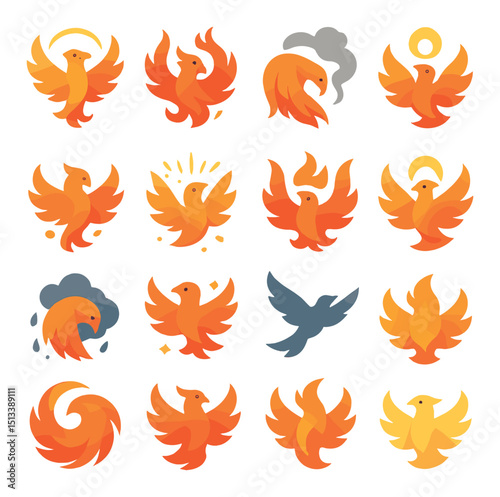 Phoenix icon collection in flat style: mythical bird, fire symbol, fantasy design