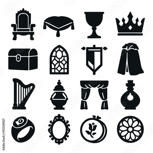 Medieval and fantasy silhouette icon collection. castle and magic symbol set