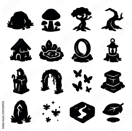 Nature and fantasy silhouette icon collection. woodland and mystical shapes