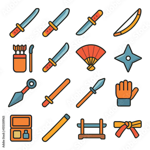 Martial arts flat icon collection. karate, ninja, weapons, and traditional gear set