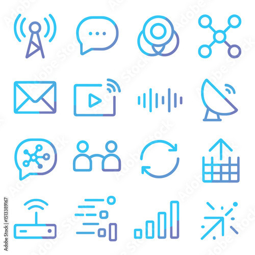 Communication and technology linear icon collection. network and digital connectivity set