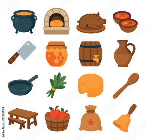Medieval cooking icon collection: flat, vintage kitchen, historic food symbols