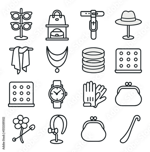 Fashion accessories linear icon collection. stylish wardrobe essentials and chic details