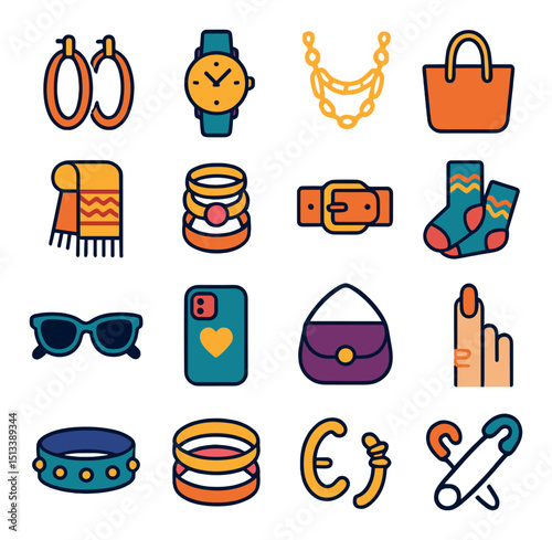 Fashion accessories icon collection in flat style. jewelry and clothing design set