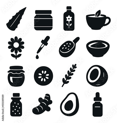 Organic remedies silhouette icon collection. herbal medicine and natural wellness set