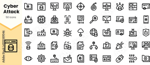 A diverse collection of cyber attack icons, featuring elements like shields, laptops, and warning signs in a minimalist style, showcasing cybersecurity themes.