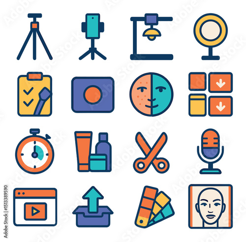 Video production flat icon collection. film, media, and cinematography symbols set