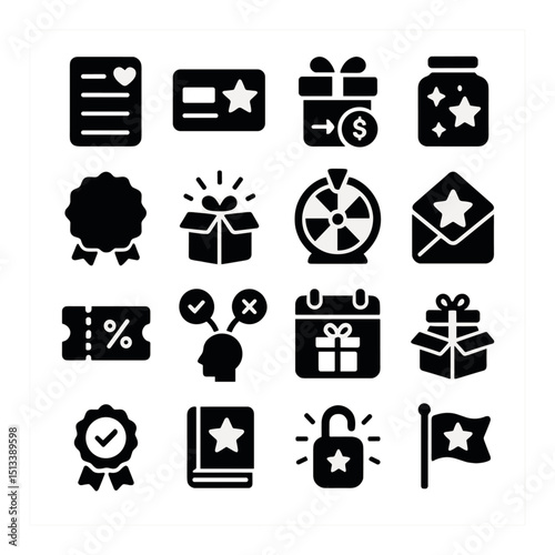 Business rewards and loyalty silhouette icons collection. gift, incentive, bonus set