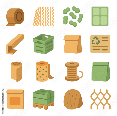 Recycling and packaging flat icon collection. eco-friendly design and materials set.