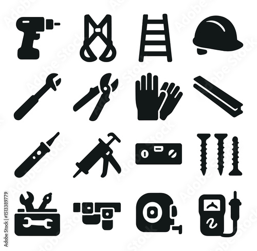 Construction tools silhouette icon collection. equipment and hardware symbols set