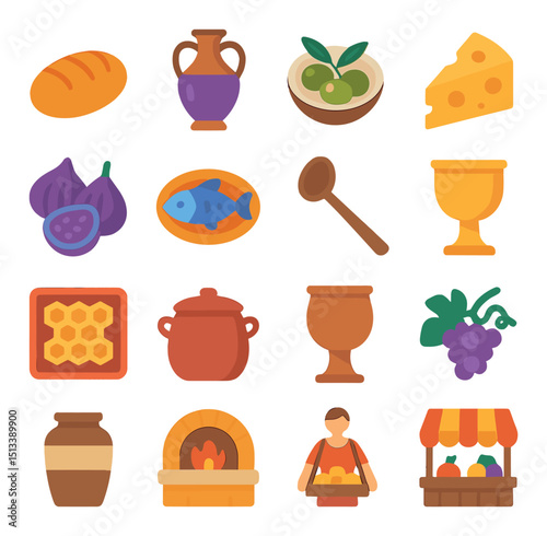 Gastronomy flat icon collection: food, culinary, and drink symbols for creative design