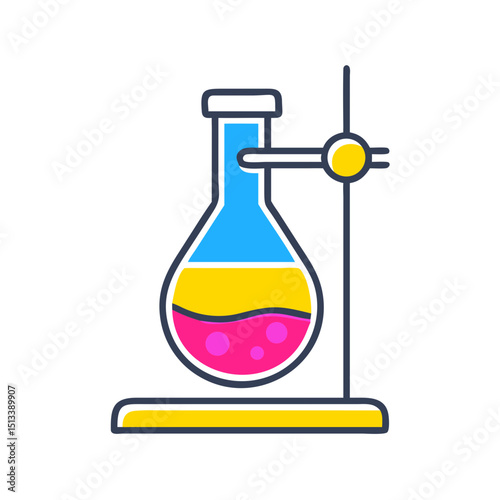 Laboratory flask with colorful liquid on stand in modern style  