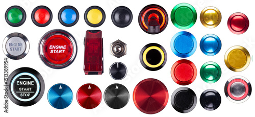 set collection of electronic momentary push engine start or control button and toggle switch or rotary encoder in various colors and shapes isolated white backgrtound. car boat biken industry concept.