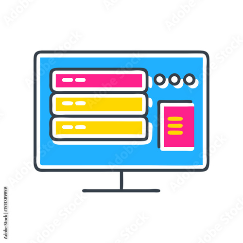 Computer monitor displaying colorful user interface design elements  