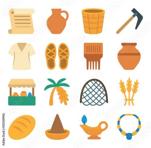 Ancient egypt flat icon collection for history enthusiasts. hieroglyph and pharaoh style set