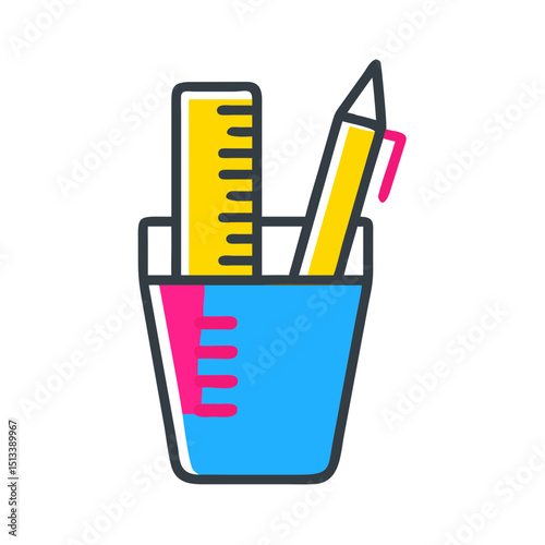Colorful stationery in a blue cup with a ruler and pencil  