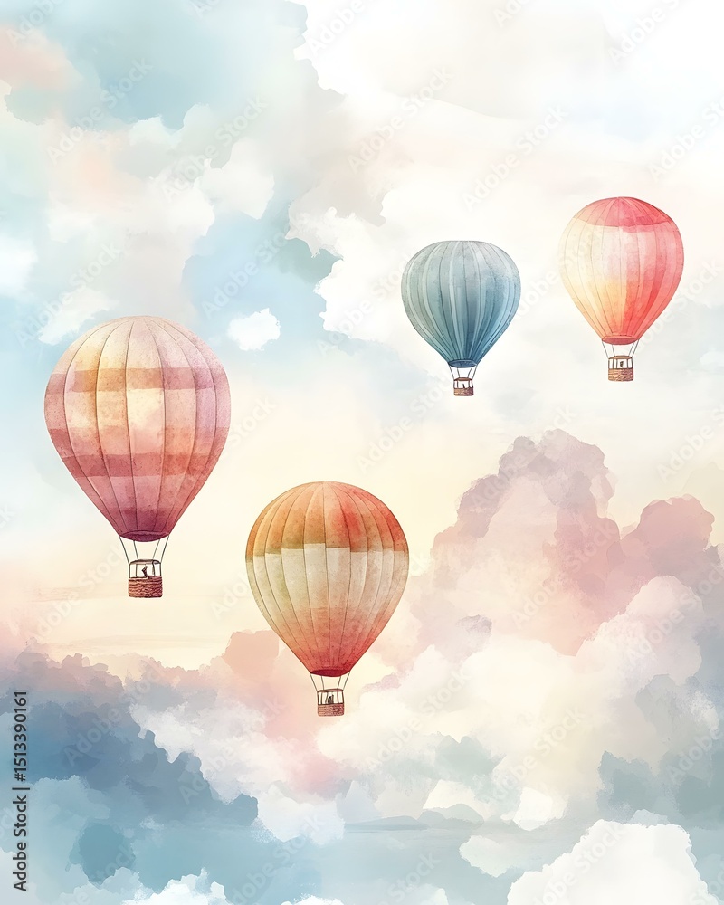 Fototapeta premium Watercolor skyline with hot air balloons and soft clouds