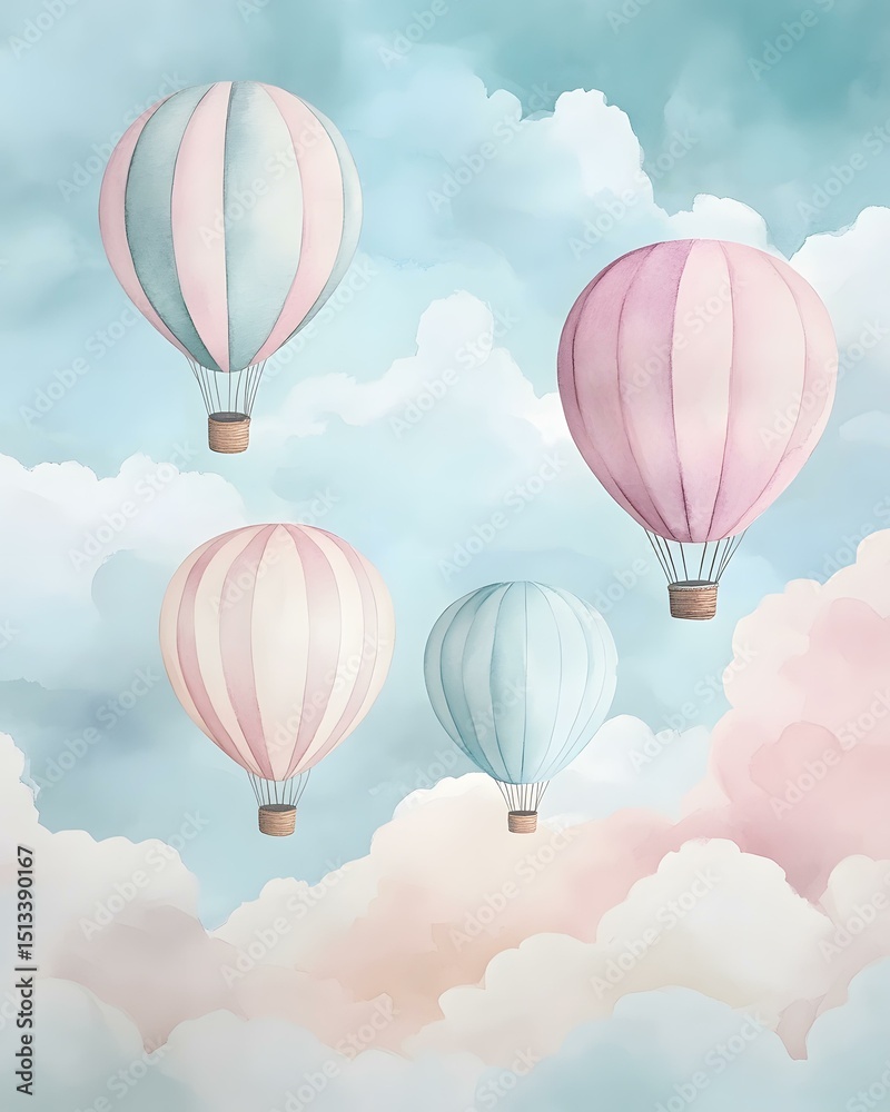 Fototapeta premium Watercolor skyline with hot air balloons and soft clouds