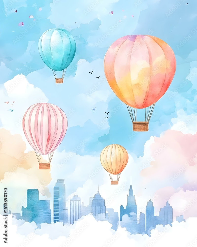 Fototapeta premium Watercolor skyline with hot air balloons and soft clouds