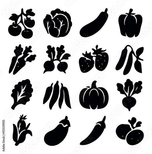 Vegetable and fruit silhouette icon collection. fresh produce and harvest set