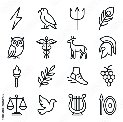 Ancient greek mythology icon collection in linear style. olympian gods and heroes set