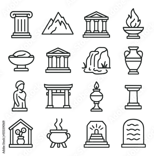 Ancient greece icon collection in linear style. historical and cultural symbols set