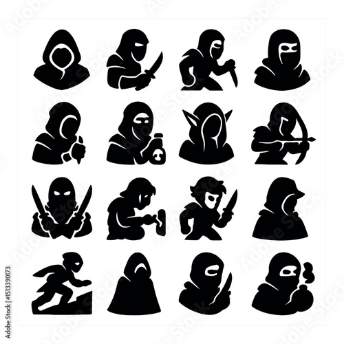 Ninja and assassin silhouette icon collection. stealth and warrior symbols set