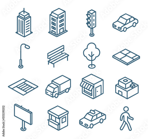 Urban essentials icon collection: linear, silhouette, flat symbols for city design